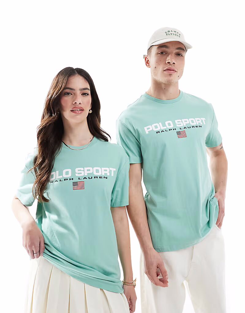 

Футболка Polo Ralph Lauren Sport Capsule унисекс с большим принтом флага и логотипом, классического свободного кроя, светло-зеленого цвета