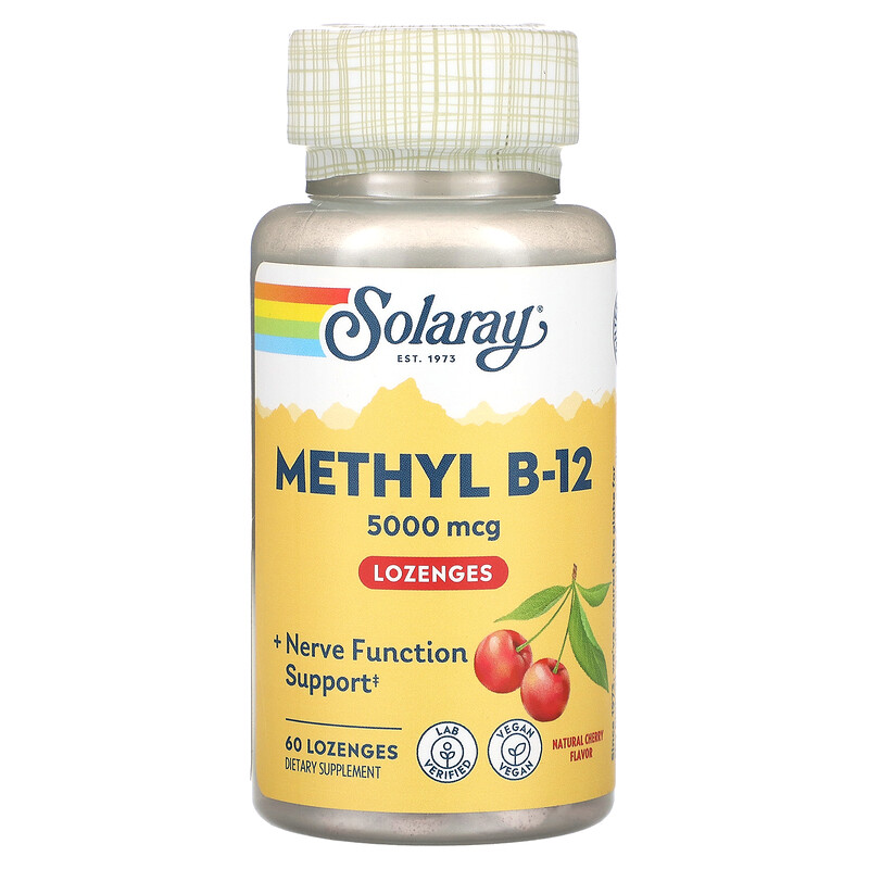 

Solaray, Mega Potency Methyl B-12, натуральный вишневый вкус, 5000 мкг, 60 лепешек