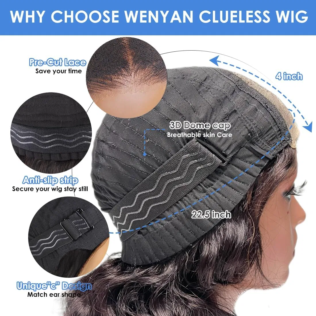 Парик Glueless Human Hair Pre-Cut Lace Body Wave, 180% плотность, 4x4 HD Lace Front, 45.7 см Wenyan, (Natural Color 1B#) — фото 3