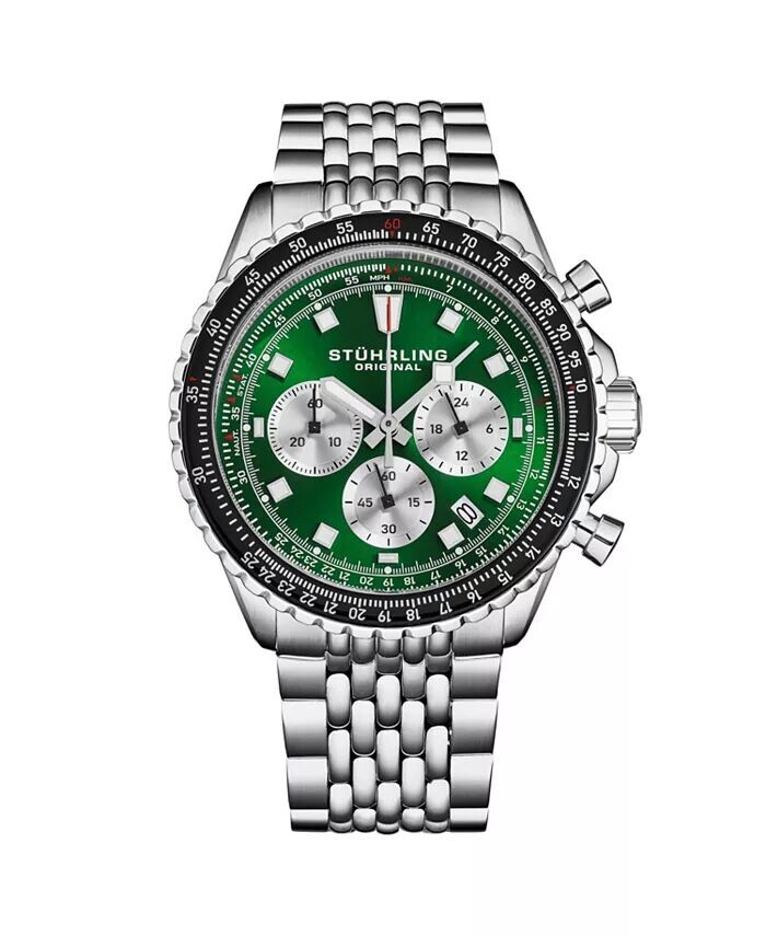 

Мужские часы с японским механизмом Chrono, серебряный корпус из нержавеющей стали, зеленый циферблат, черный/розовый безель, браслет из нержавеющей стали с бисером Stuhrling, зеленый