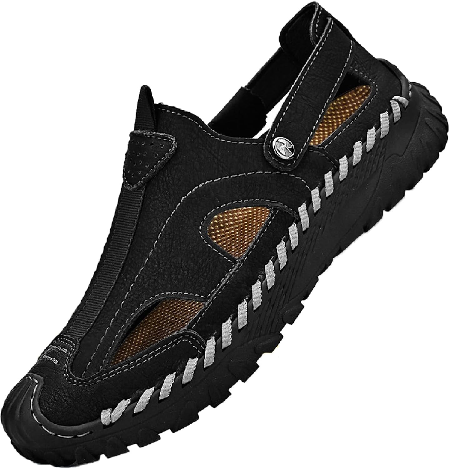 

Мужские спортивные сандалии из натуральной кожи с вырезами, закрытым носком, на мягкой подошве, противоскользящие, повседневные, для хождения по воде, римские сандалии для прогулок на открытом воздухе Bhdjk, черный