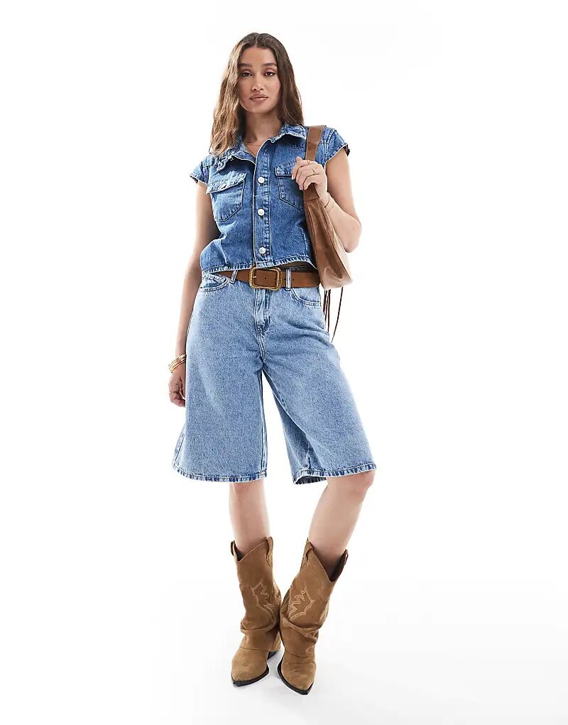 

Длинные джинсовые шорты Pieces средне-синего цвета