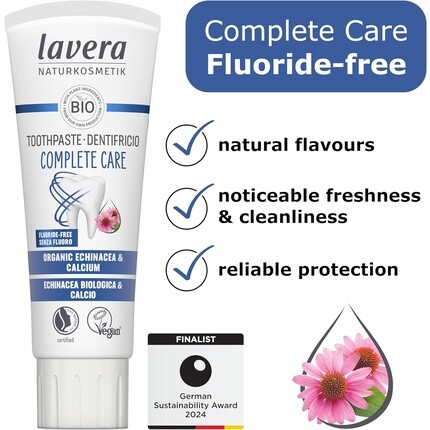 Зубная паста Lavera Complete Care, без фтора, защита 5 в 1, с активными растительными ингредиентами, органическая эхинацея и кальций, веганская натуральная косметика, 75 мл — фото 2