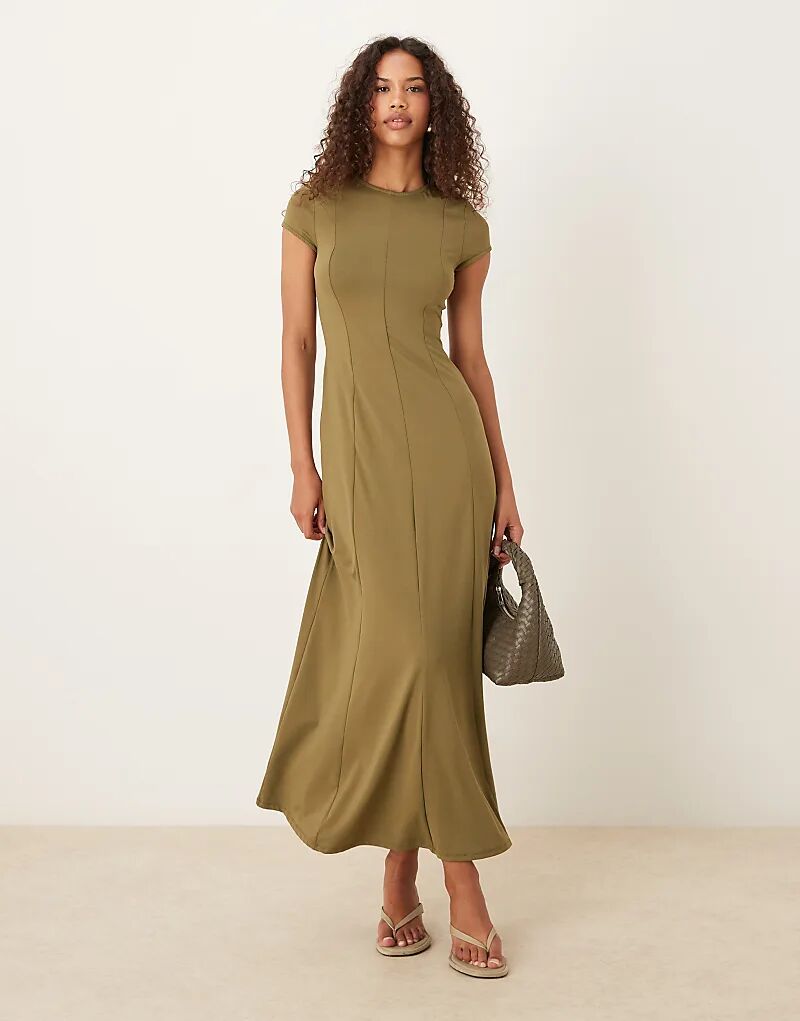 

Платье макси ASOS DESIGN цвета хаки с короткими рукавами и декоративными швами