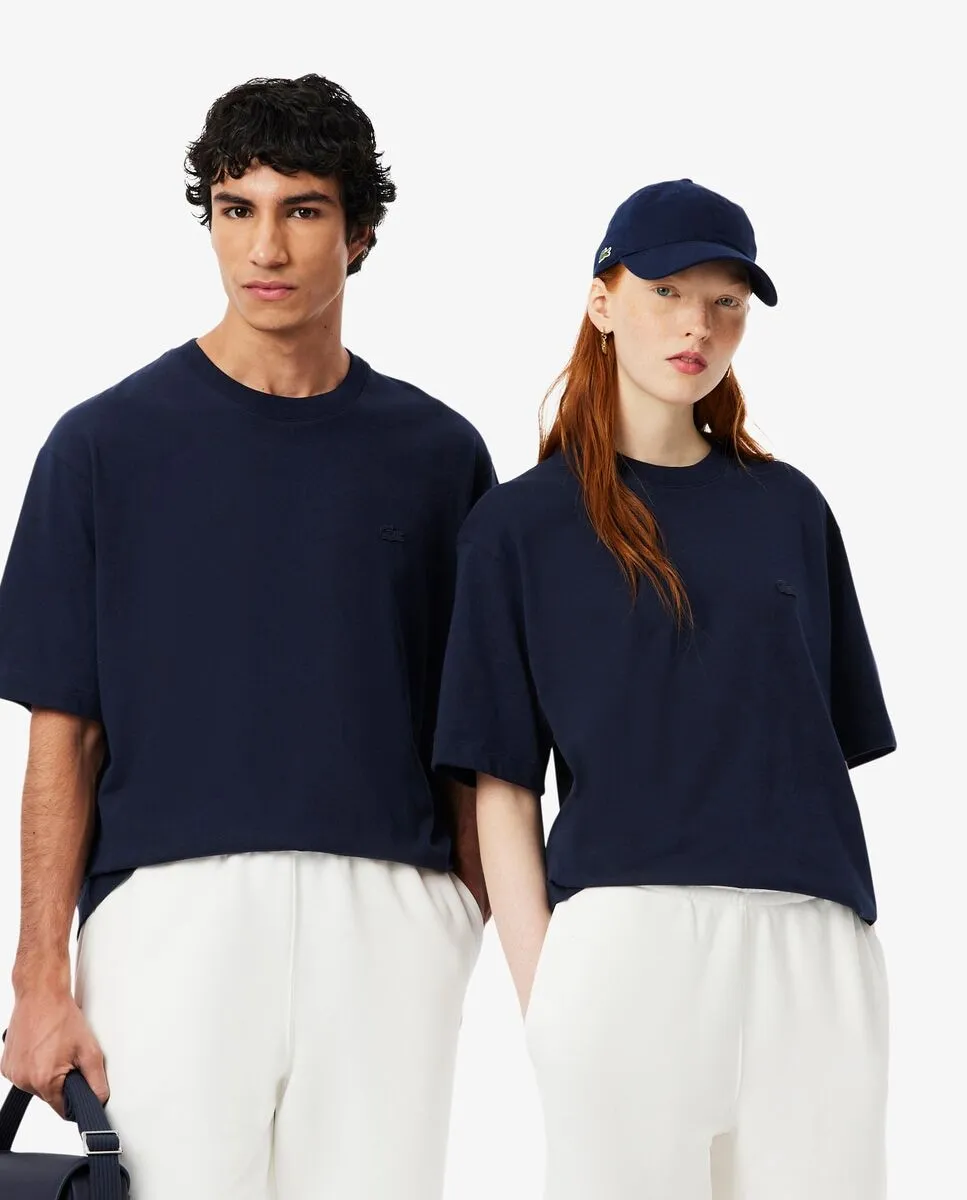 

Унисекс футболка из джерси, толстая свободного кроя, синяя, с короткими рукавами Lacoste, темно-синий