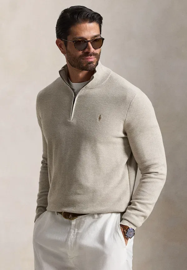 Свитер с четверть-застежкой из хлопкового трикотажа Polo Ralph Lauren Big & Tall, светло-ореховый меланж