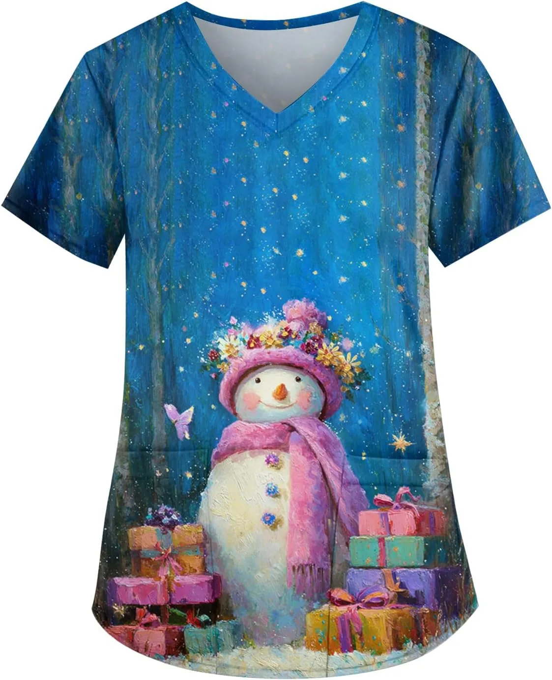 

Верхняя часть медицинского халата для женщин с рождественским принтом, короткий рукав, V-образный вырез FlekmanArt