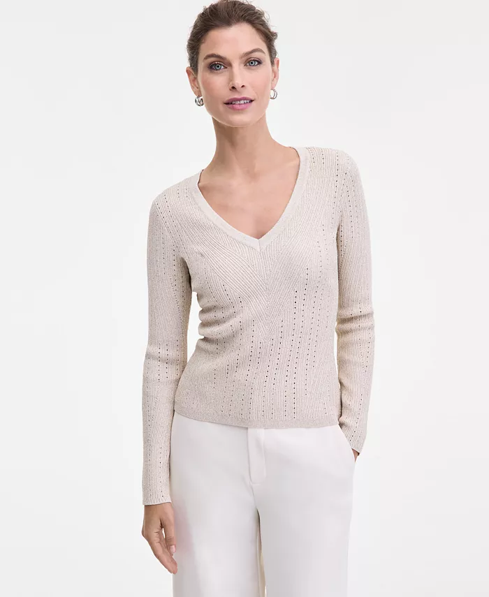 

Женский свитер с V-образным вырезом из металлизированной пряжи I.N.C. International Concepts, загар/бежевый