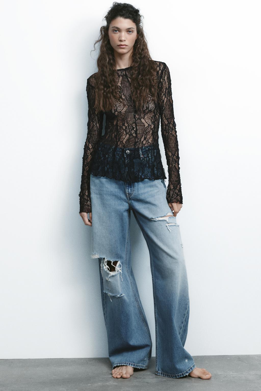

Мешковатые потертые джинсы средней посадки trf ZARA, синий