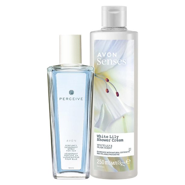 

НАБОР ИЗ 2 КОСМЕТИЧЕСКИХ СРЕДСТВ AVON PERCEIVE SPRAY 75 МЛ + ГЕЛЬ WHITE LILY 250 МЛ