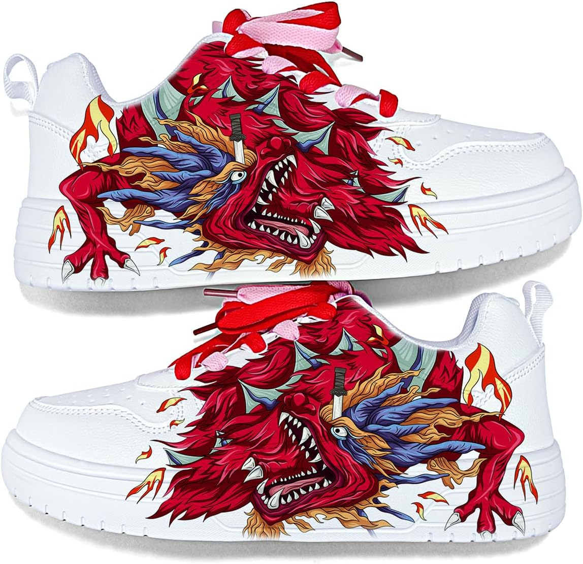 

Кроссовки с драконьим узором Белые спортивные повседневные кроссовки с массивной подошвой и красными огненными узорами Стильные кроссовки для бега и прогулок для мужчин и женщин Generic