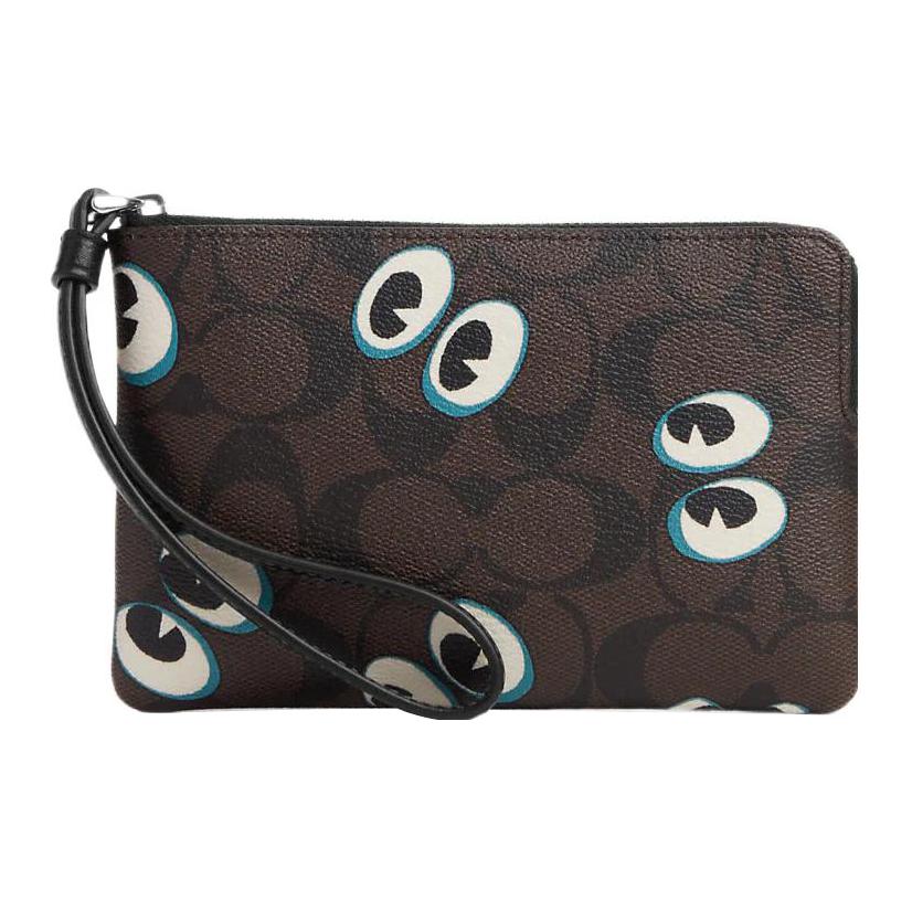 

COACH Угловая молния холщовая с кожаной клатч маленький женский коричневый черный