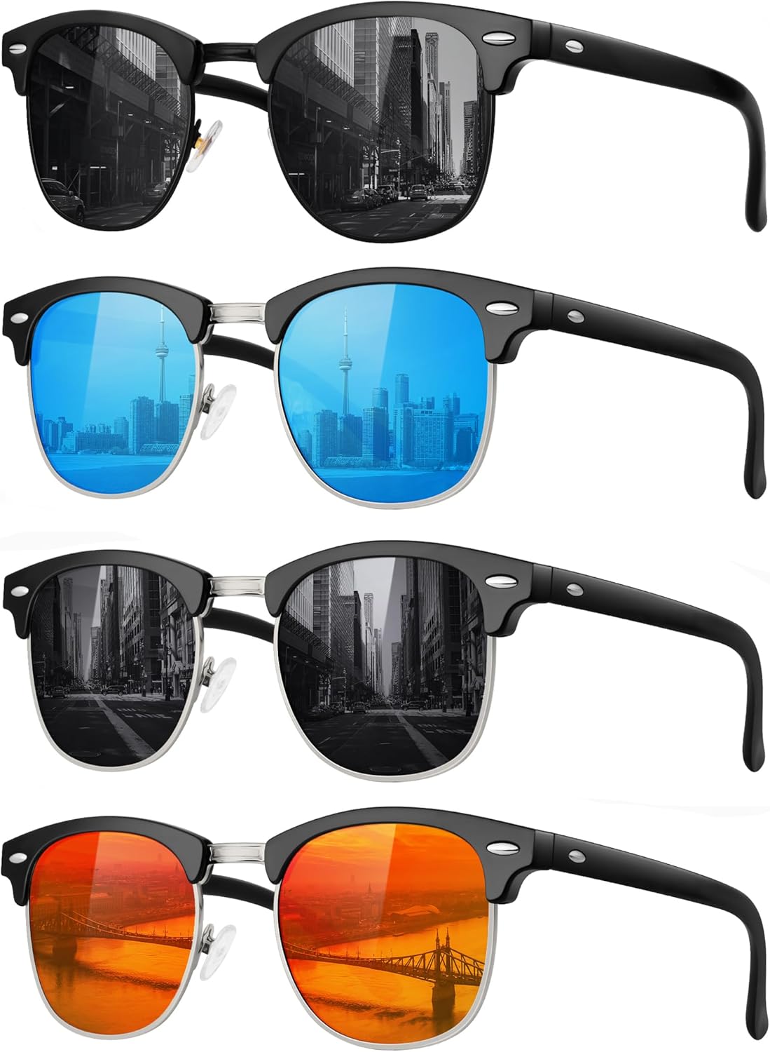 

Классические поляризованные солнцезащитные очки для мужчин и женщин в стиле ретро, ​​полуободковая оправа, 100% защита от УФ-излучения FURISHQI, 4apck Black+g15+blue+red