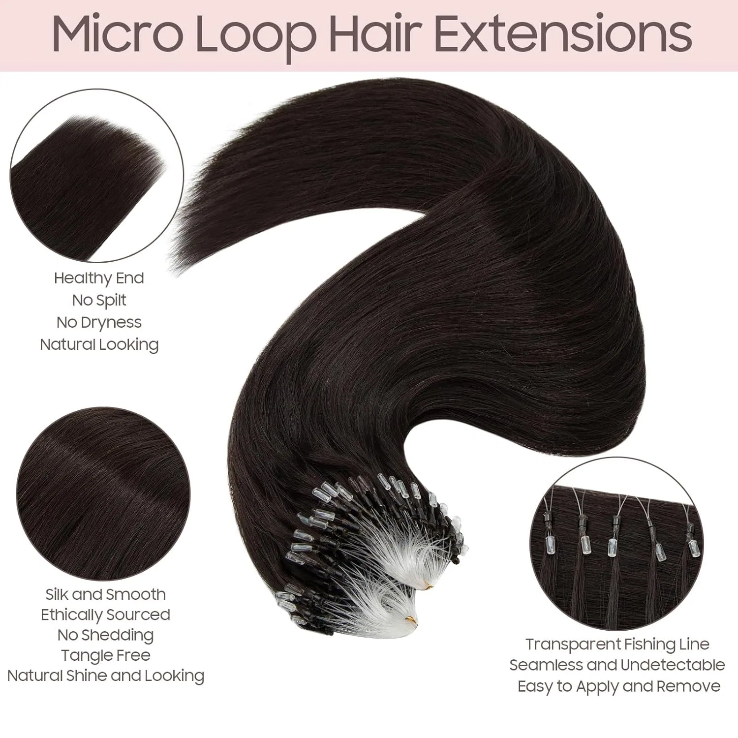 Накладные пряди из натуральных волос BC+Q с микропетлями Silk-Co, 4-Natural Black — фото 2