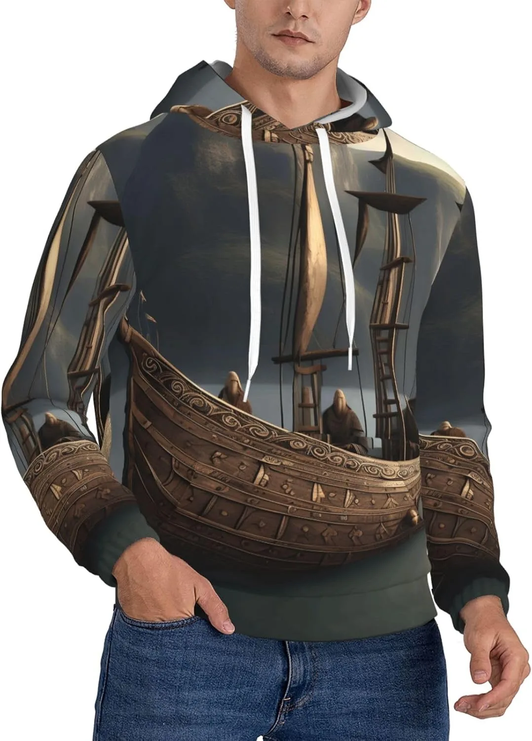 

Толстовка Nordic Pirate Ship Print с капюшоном, мужская, флисовая DUWAA