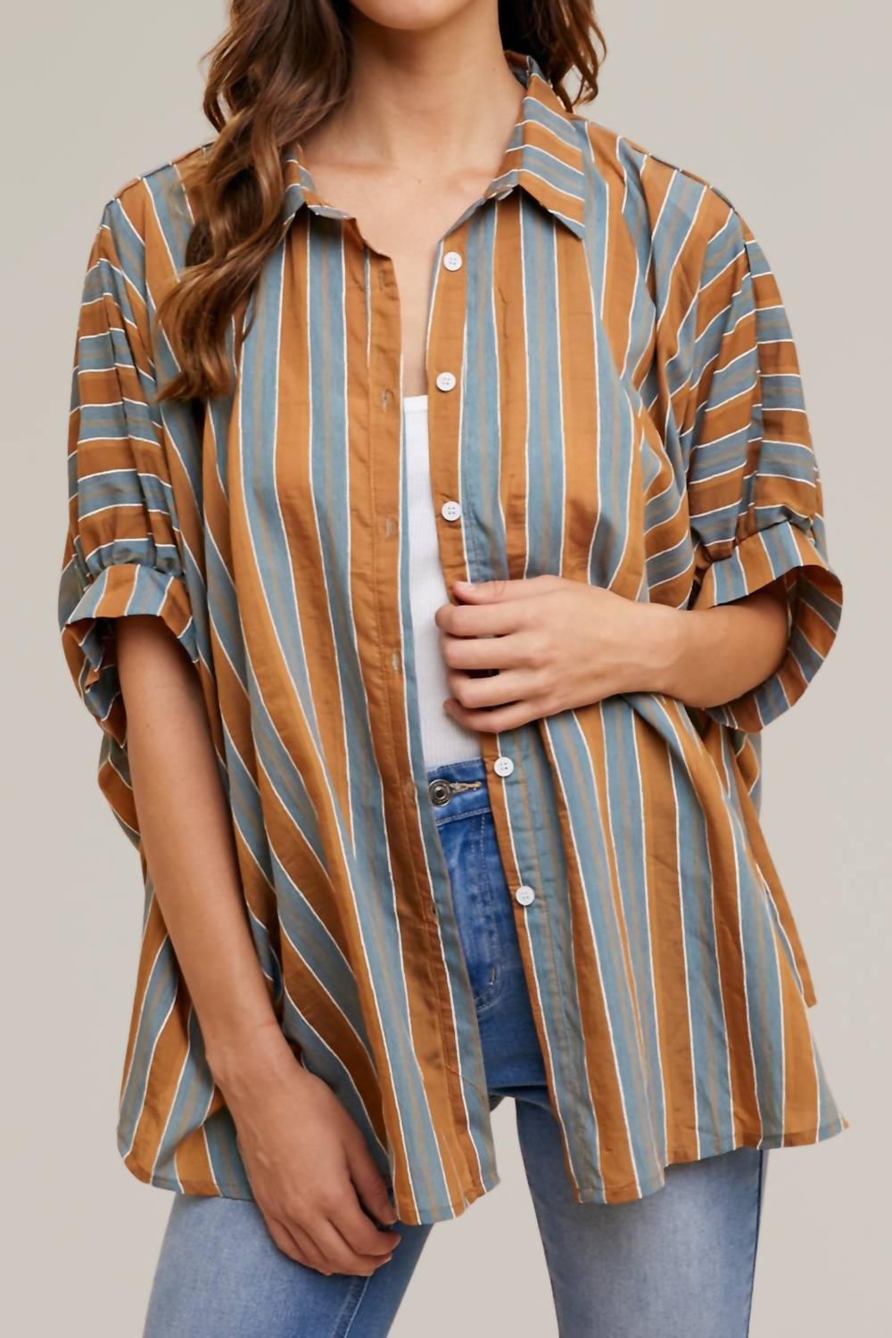 

Полосатый тканый топ на пуговицах цвета Camel Multi AnnieWear