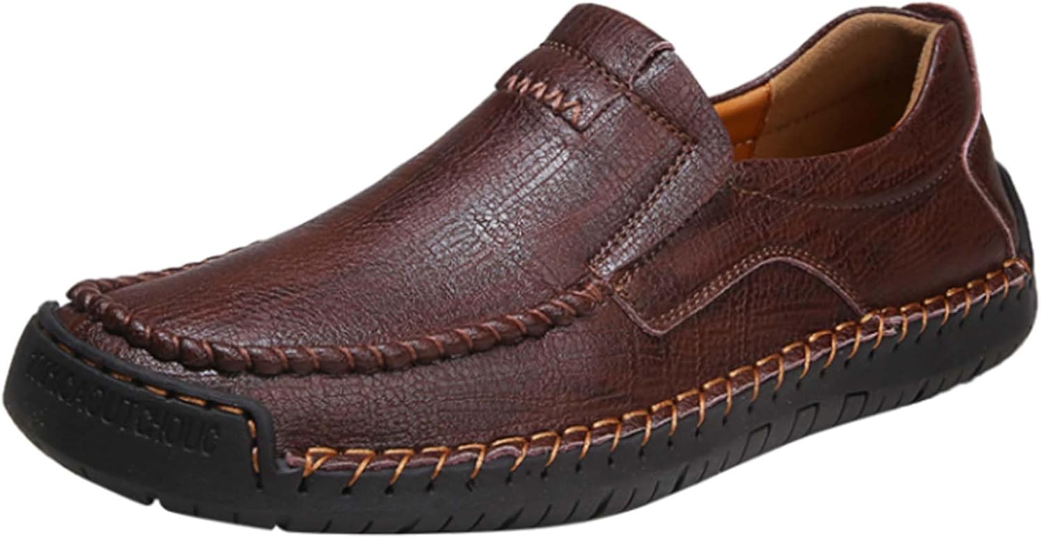 

Мужские лоферы Минималистичные деловые повседневные кожаные туфли с круглым носком, плоской подошвой, для ходьбы, работы, вождения, формальной носки без шнурков, лодочные туфли Generic, коричневый