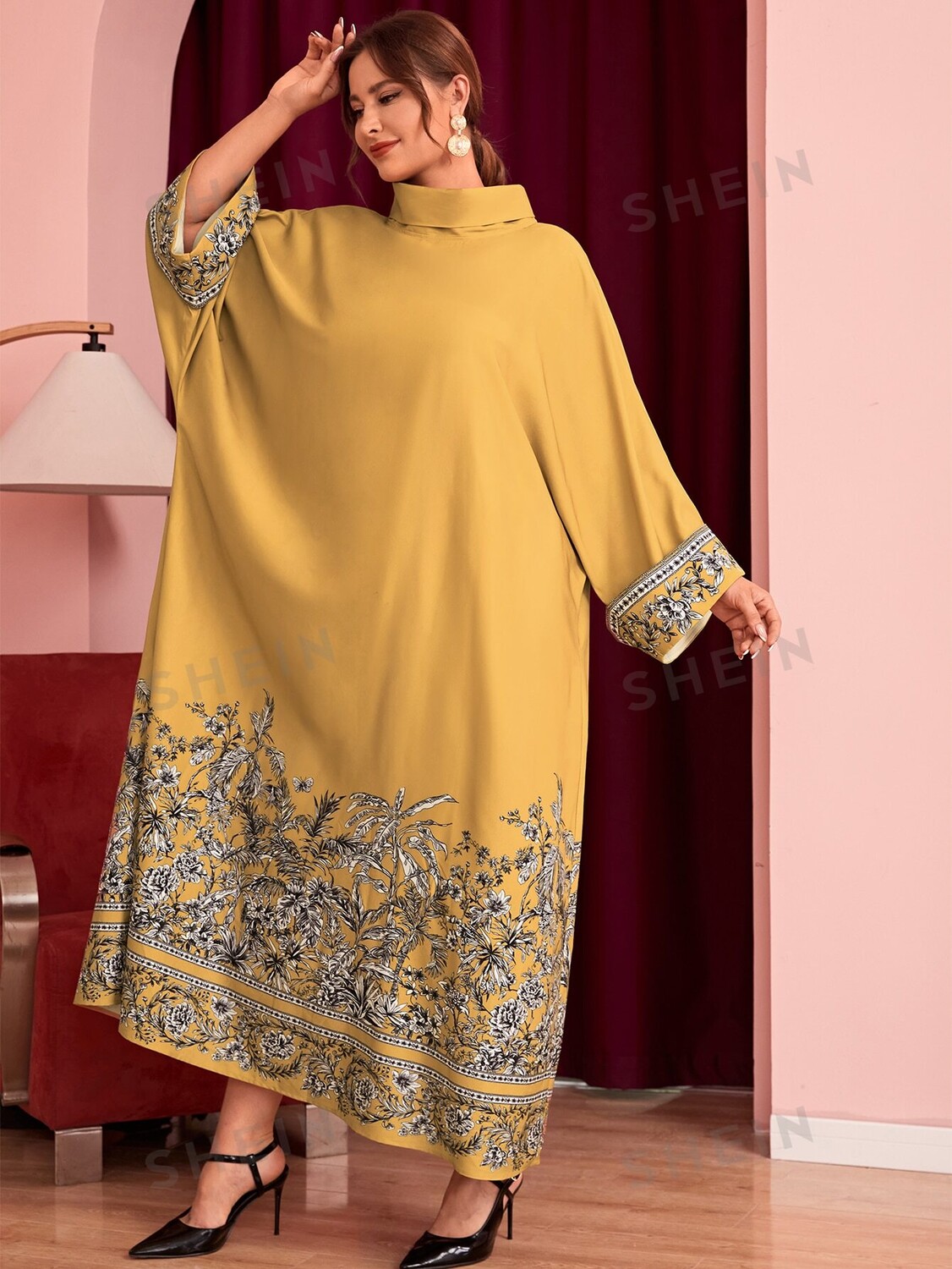 

Najma Платье больших размеров, водолазка, принт в виде листьев Shein, горчично-желтый