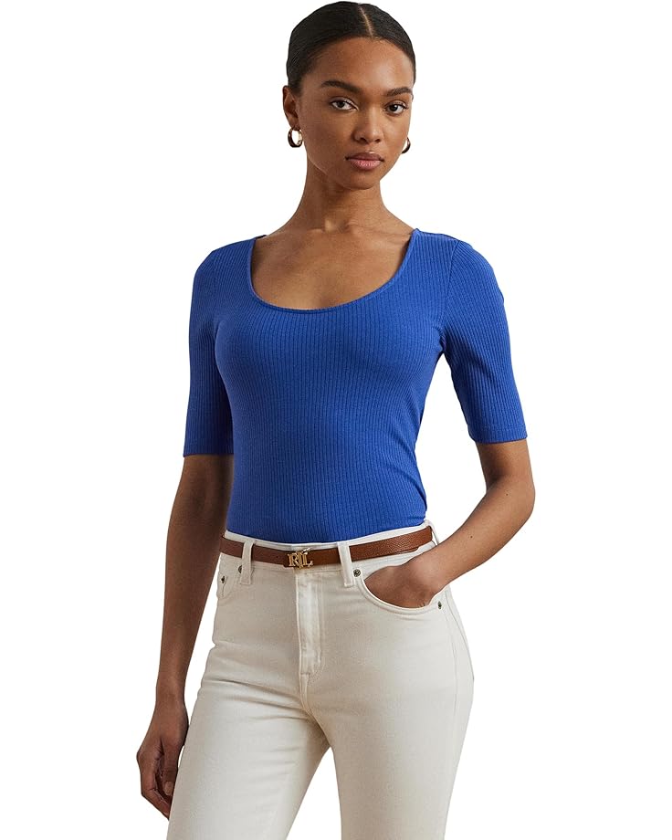 

Футболка Lauren Ralph Lauren Rib-Knit Cotton-Blend Elbow-Sleeve Tee, цвет Blue Lapis