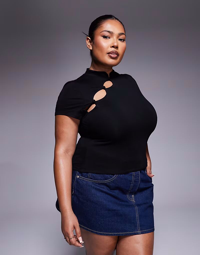 

Топ ASOS DESIGN Curve с короткими рукавами и отделкой в ​​виде круглых пуговиц черного цвета ASOS Curve