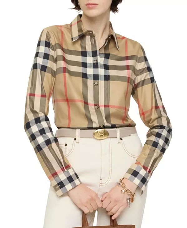 

Хлопковая рубашка приталенного кроя в клетку Burberry, бежевый