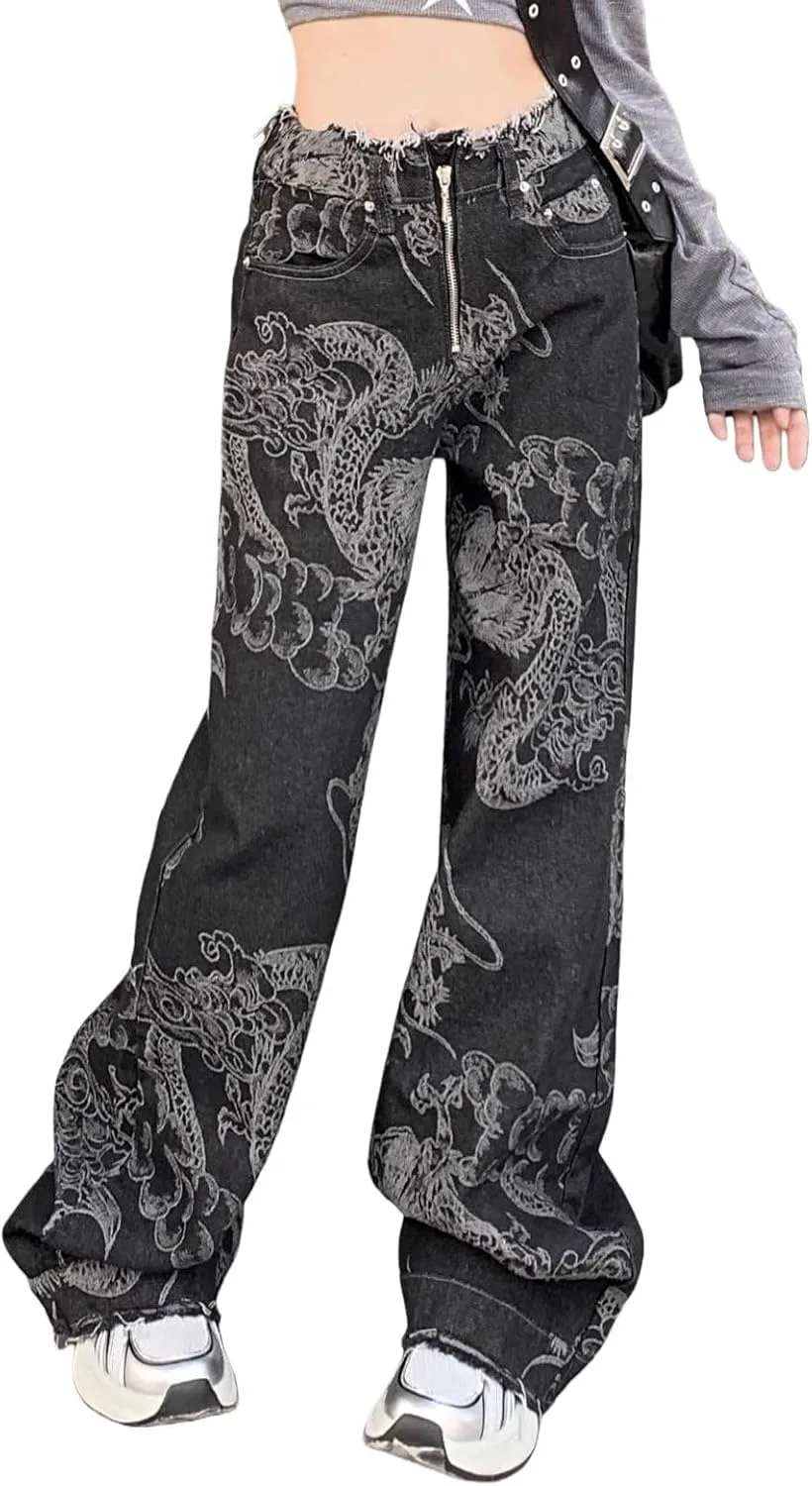 

Унисекс джинсы baggy с принтом дракона Y2K — винтажные широкие штаны в стиле стритвир ISMT TZ TM