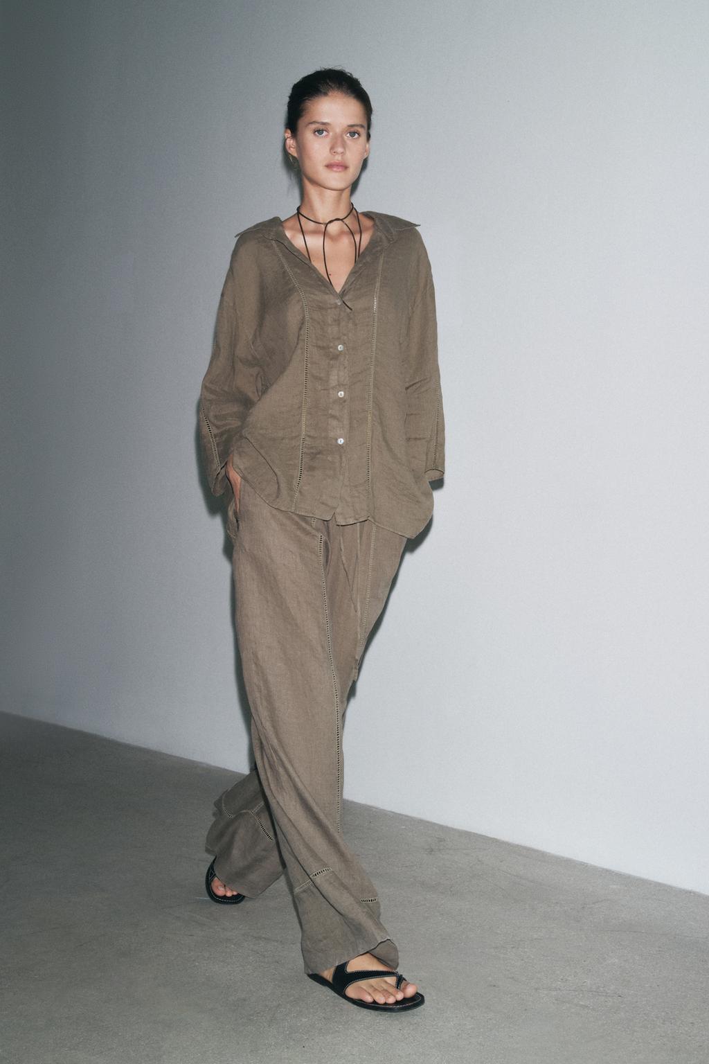 

Брюки палаццо из 100% льна ZARA, цвет Brown/Taupe