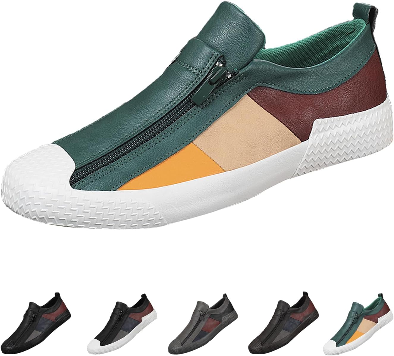 

Мужские низкие кеды AngryMonkey с цветными вставками, модные удобные слипоны с двойной молнией, противоскользящие плоские повседневные кожаные лоферы для ходьбы, зеленый