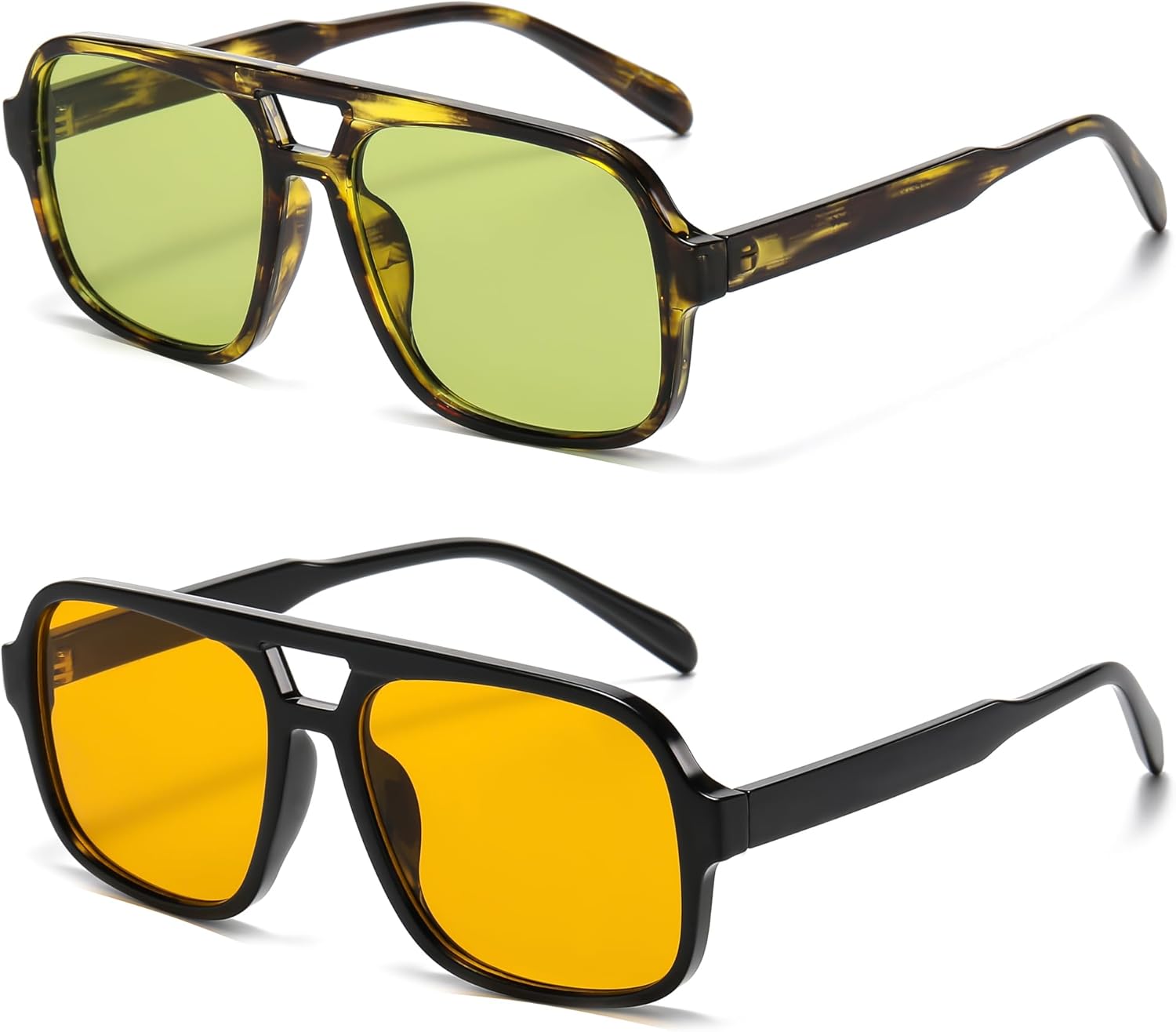 

Солнцезащитные очки Hycredi Retro Aviator для женщин и мужчин, модные квадратные очки, винтажные классические прямоугольные солнцезащитные очки, 2 Pack - (Black/Orange + Leopard/Green )