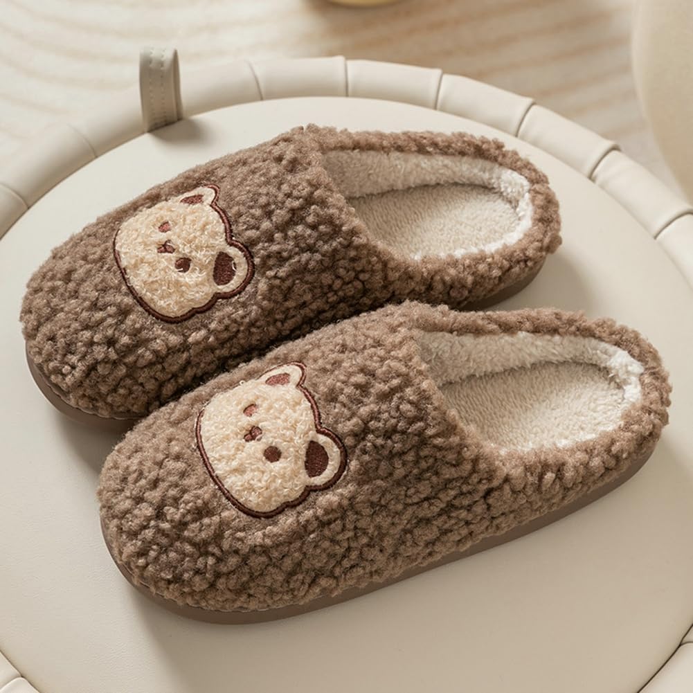 Тапочки Avilego Cute Cozy с мультяшным медвежонком, хлопковые, для дома и улицы, теплые, с нескользящей подошвой, мягкие плюшевые шлепанцы для женщин и мужчин, Coffee — фото 3