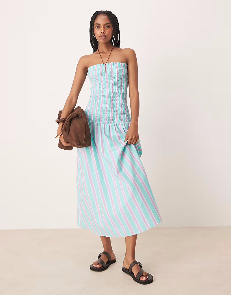 

Платье макси ASOS DESIGN с заниженной талией и сборками в сине-фиолетовую полоску