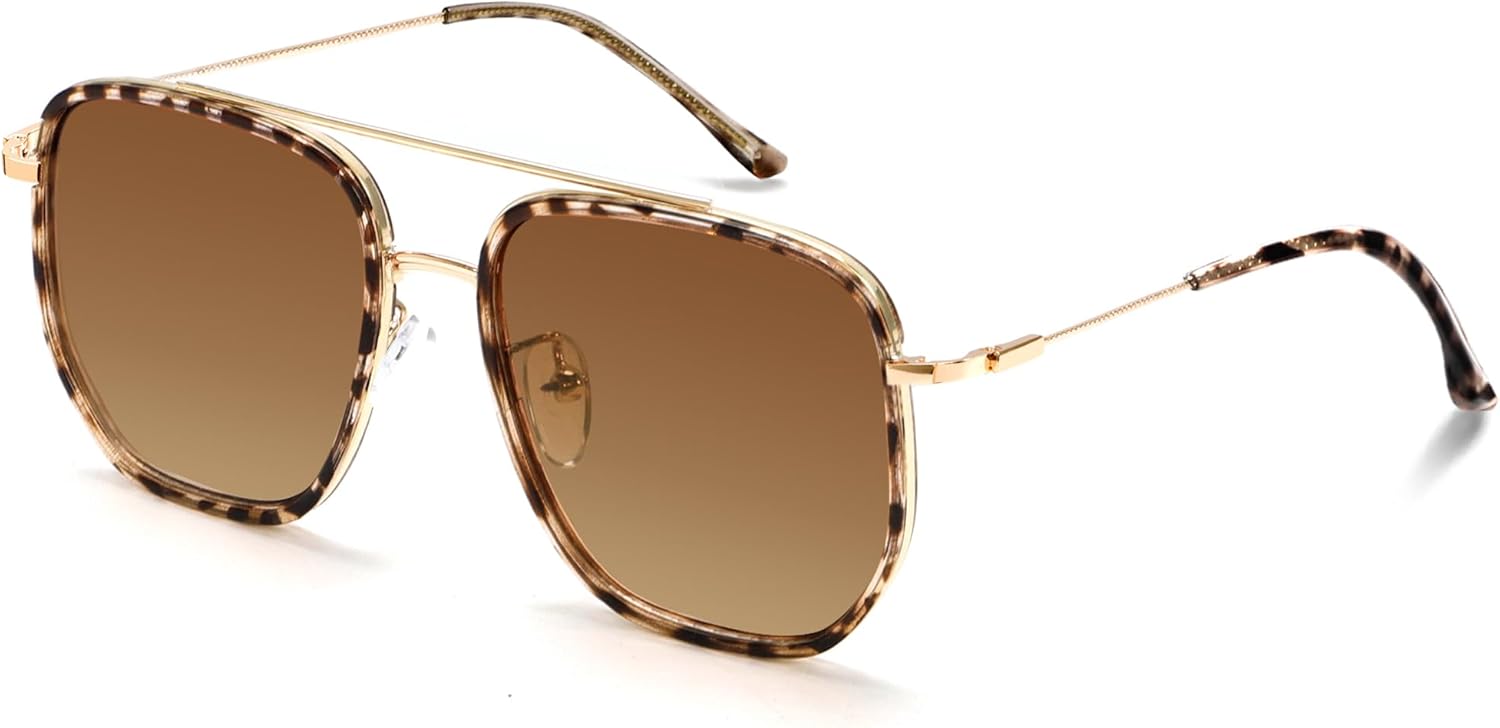 

Ретро-солнцезащитные очки-авиаторы квадратной формы для женщин и мужчин, модные солнцезащитные очки с увеличенной металлической двойной перемычкой TYA, Tortoise Frame - Gradient Brown Lens