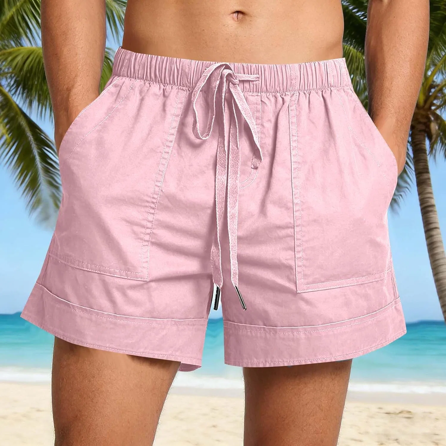 Шорты хлопковые с льном, Pink — фото 2