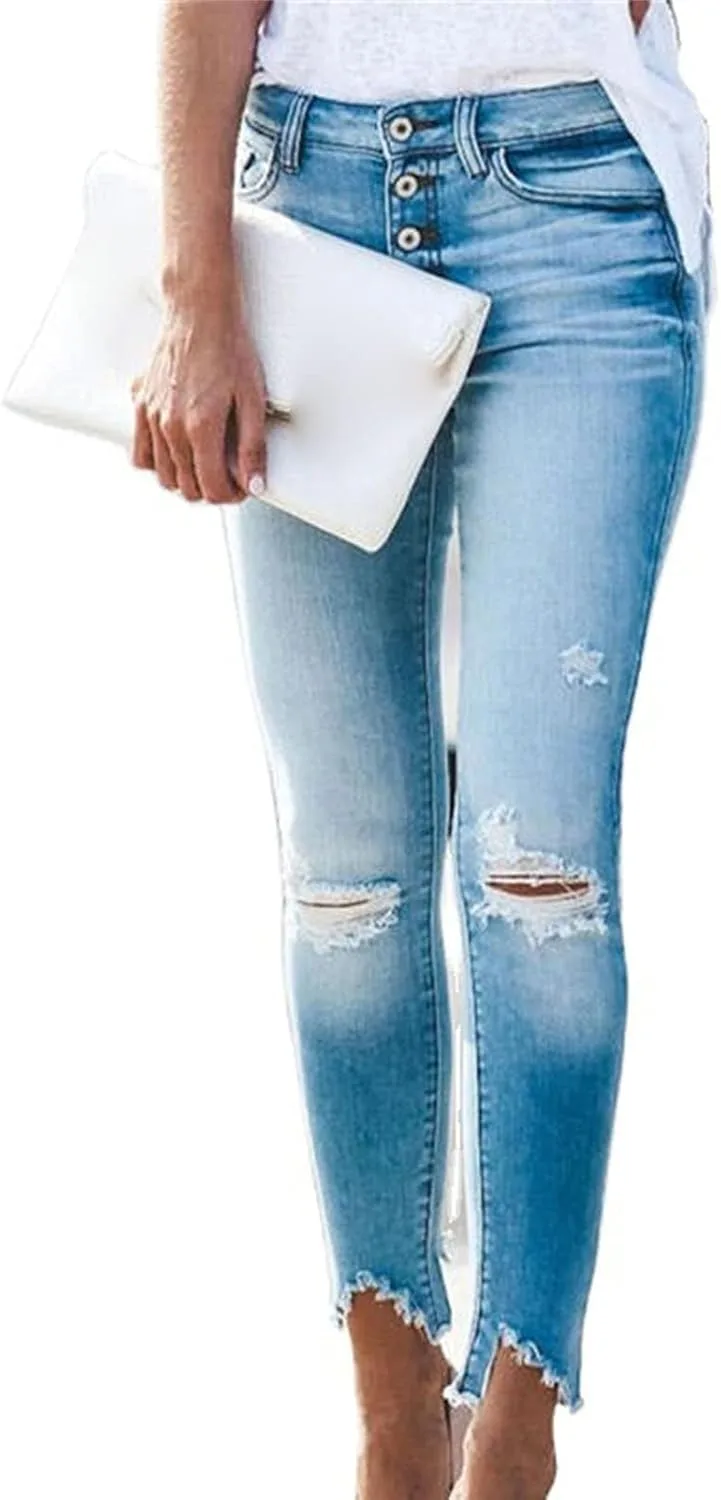 Женские джинсы Irregular Raw Edge Denim Skinny с дырками и эффектом подтяжки