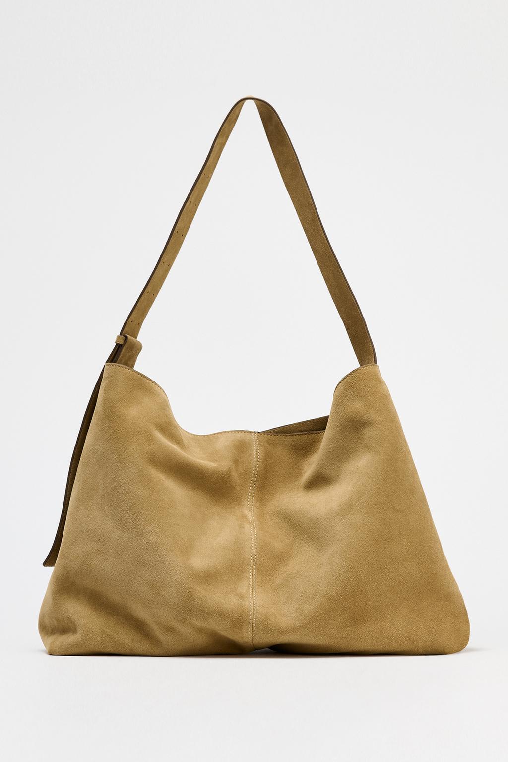 

Макси разрезная замшевая сумка-ведро ZARA, цвет SAND/BROWN