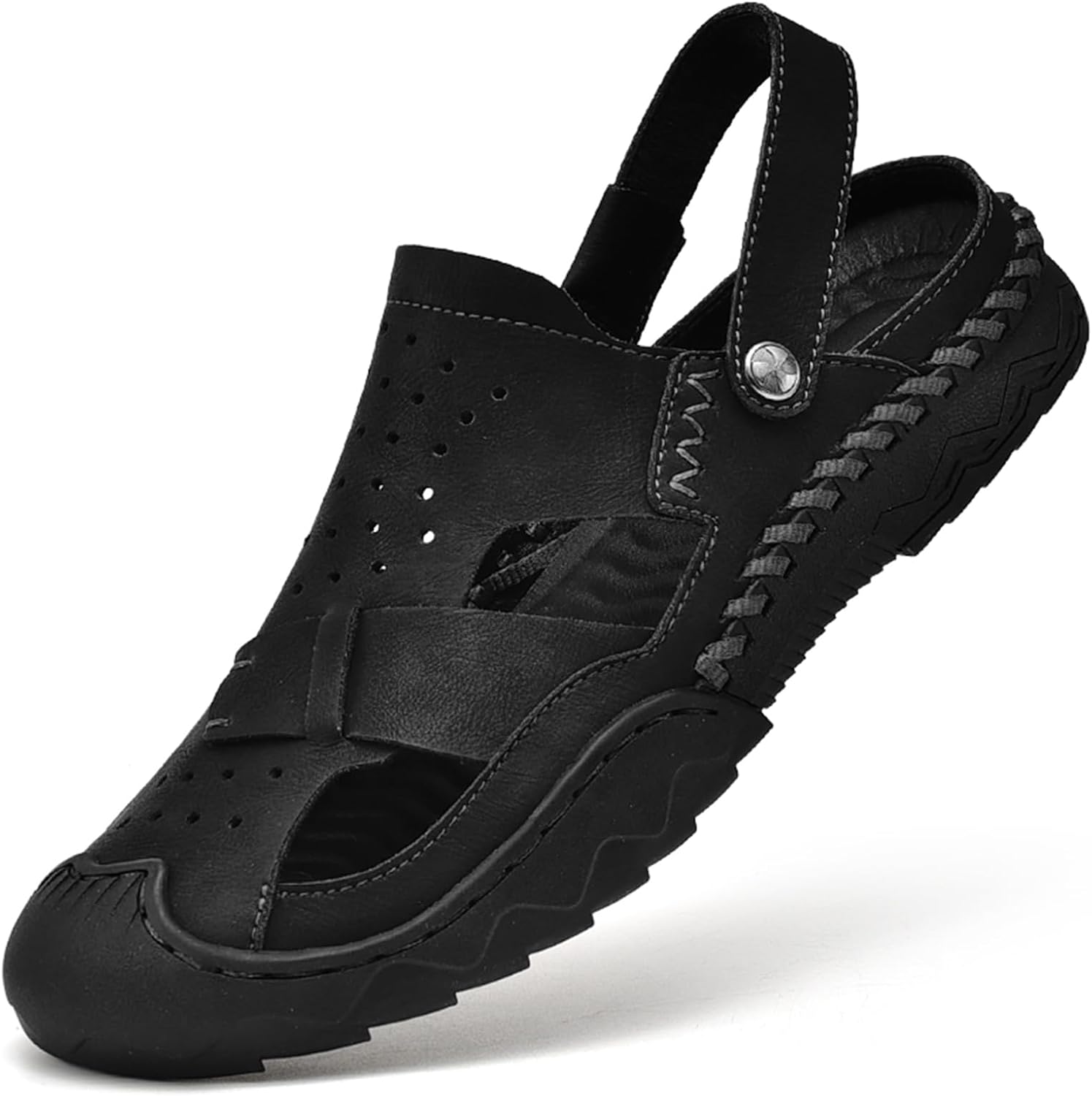 

Мужские сандалии Lossarye из натуральной кожи с закрытым носком для улицы, регулируемый ремешок на пятке, ручная прошивка, легко надеваются, дышащие, нескользящие, пляжные шлепанцы, спортивные сандалии, черный