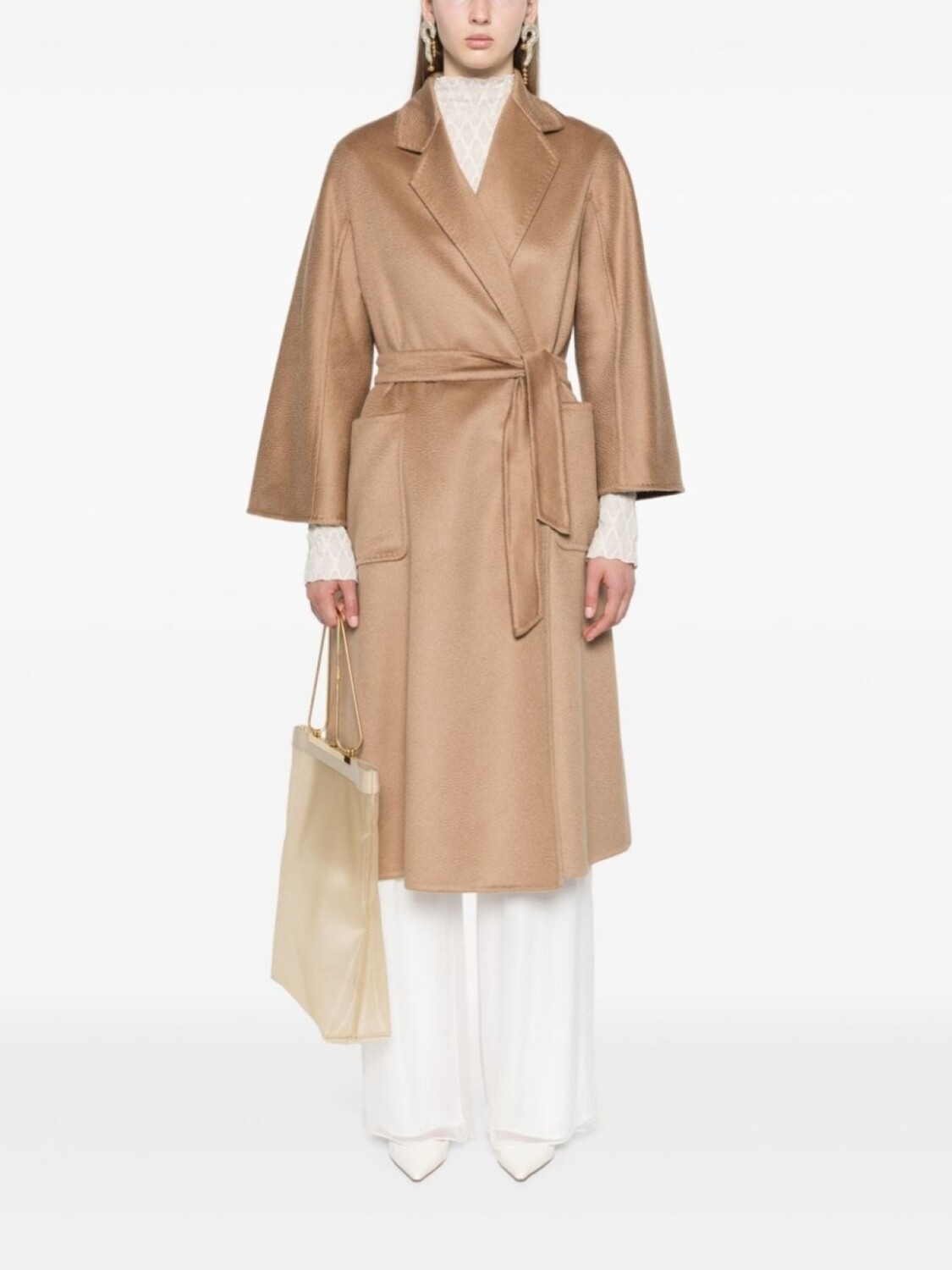 Max Mara пальто с заостренными лацканами и поясом, нейтральный цвет — фото 2