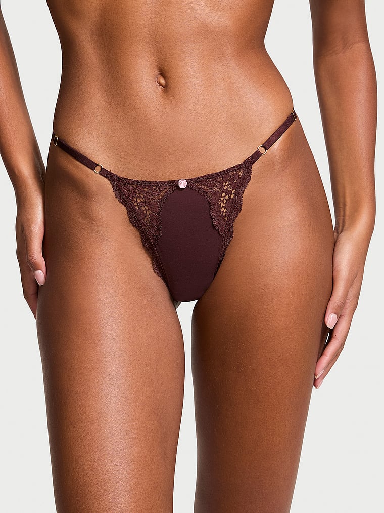 

Трусики-Стринги с V-образным вырезом и кружевной отделкой Dream Angels, lace trim burgundy brown