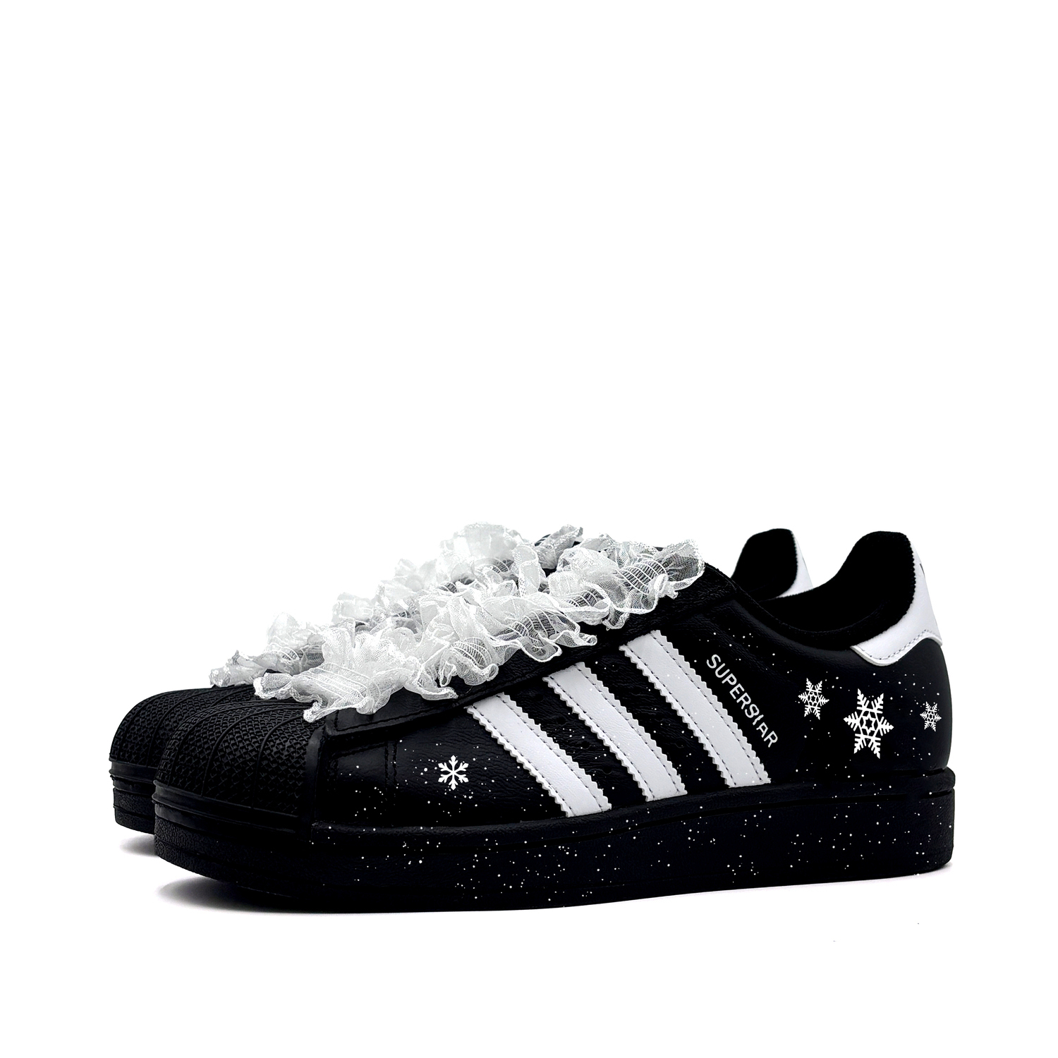 Adidas Originals Детские низкие кроссовки для скейтбординга Superstar 2 Lace Snowflake из износостойкой кожи, черные с белыми шнурками — фото 4