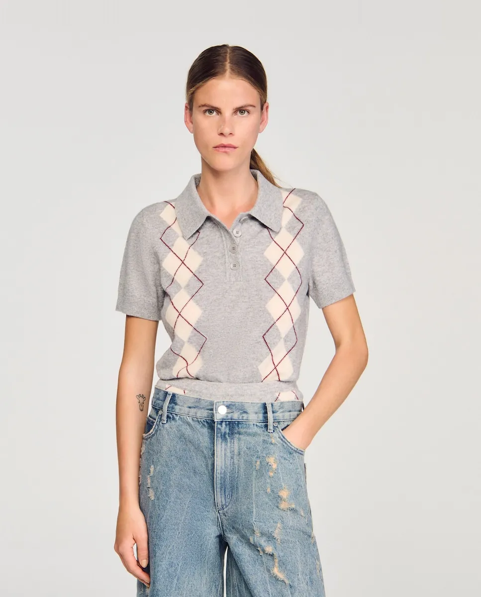 

Женский джемпер с ромбами и воротником поло Sandro, серый