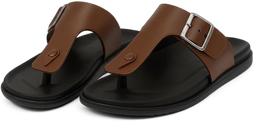 

Мужские сандалии-вьетнамки из искусственной кожи, с открытым носком, на застежке, повседневные летние шлепанцы, плоская подошва Generic, коричневый