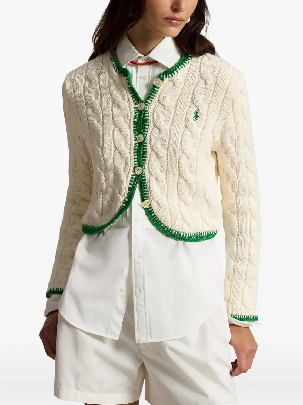 Кардиган фактурной вязки с контрастной отделкой POLO RALPH LAUREN, бежевый — фото 3