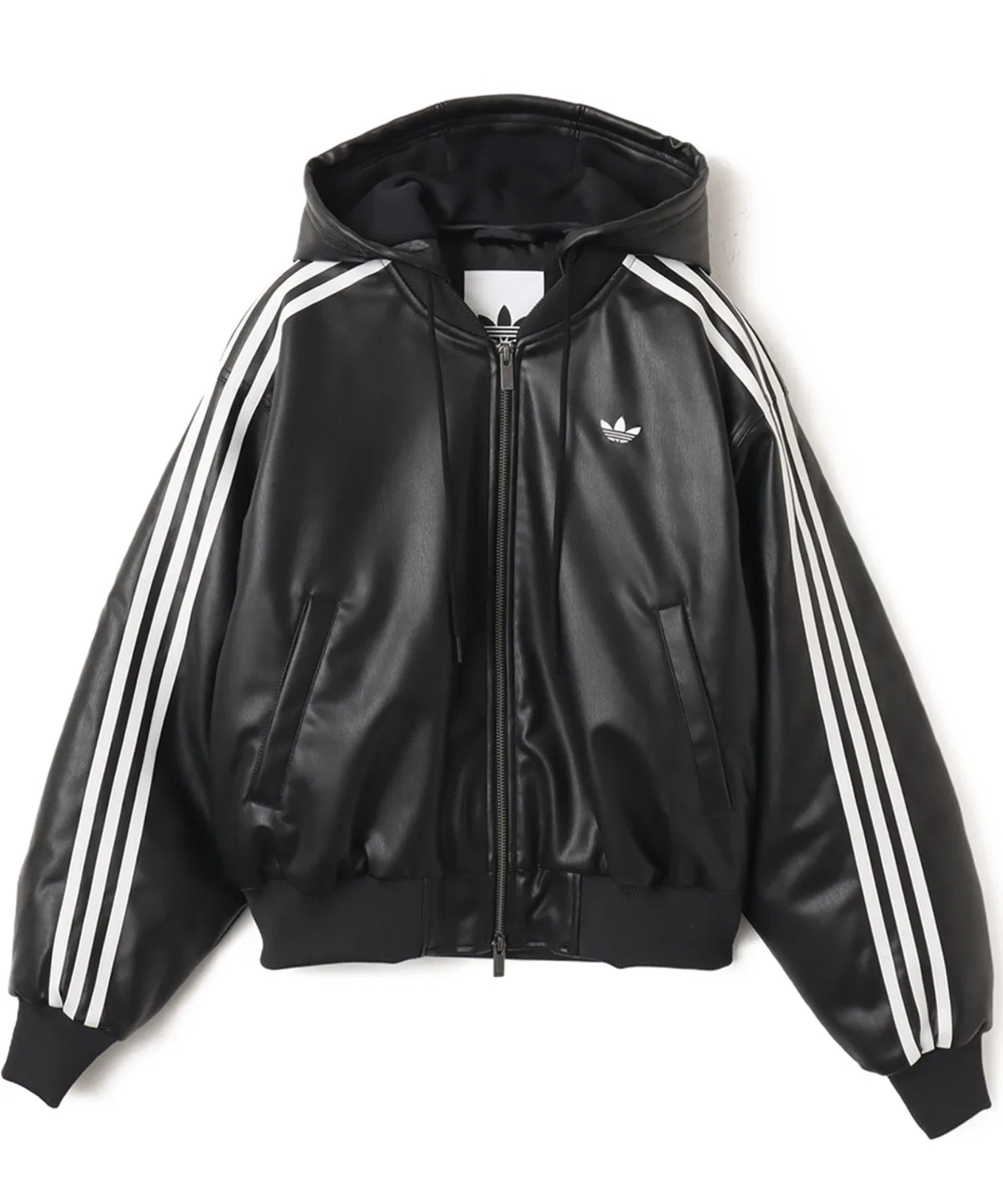Куртка adidas W PLEATHER JKT оверсайз из синтетической кожи, чёрная — фото 4