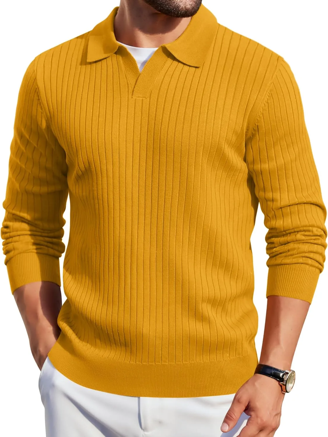 

COOFANDY мужской вязаный поло с длинным рукавом и V-образным вырезом