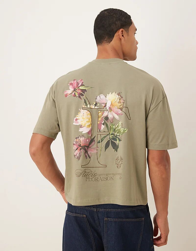 

Футболка свободного кроя ASOS DESIGN цвета светло-хаки с цветочным принтом