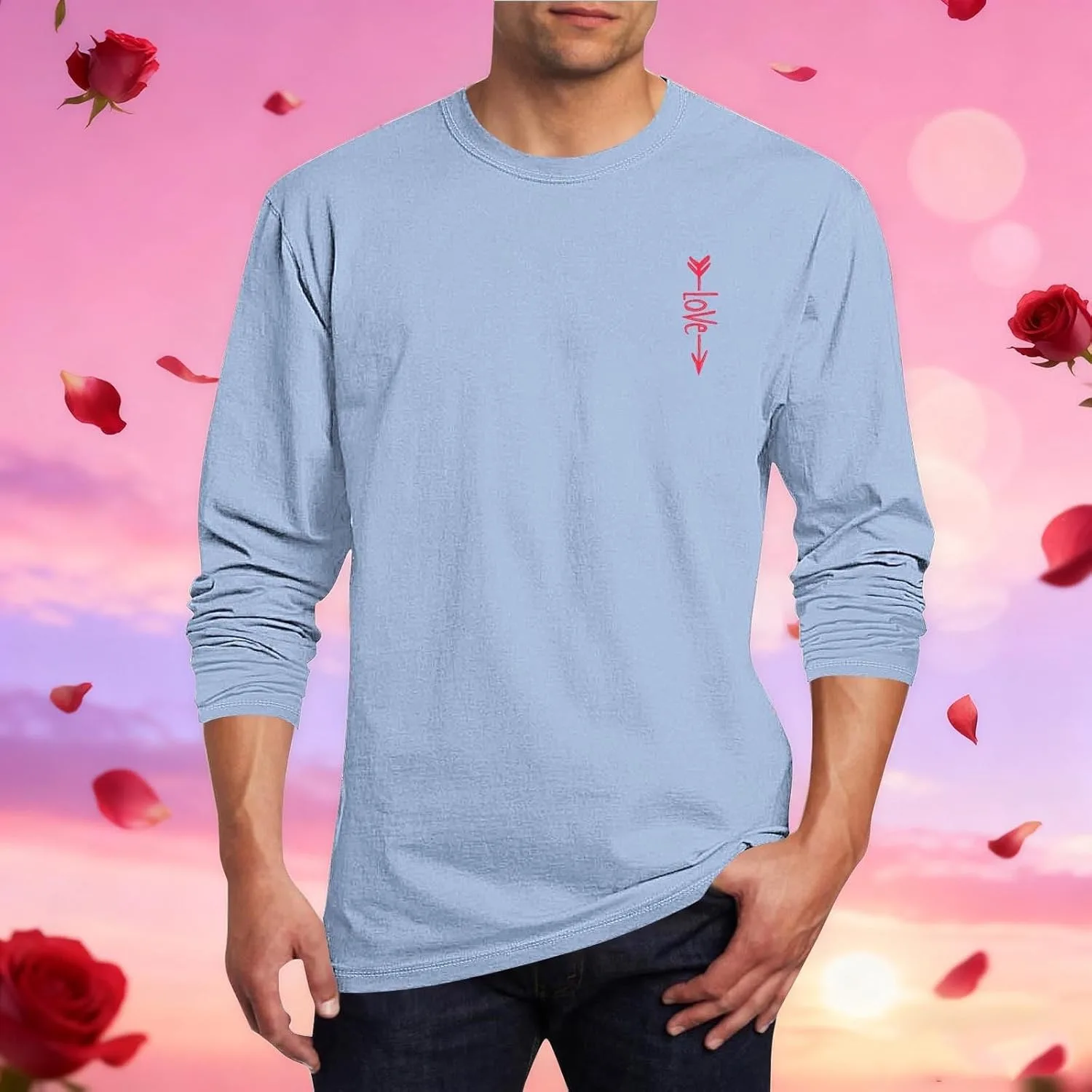 Футболка с принтом Valentine, оверсайз, с длинным рукавом и круглым вырезом, уютный пуловер-блузка для отдыха с тематикой любви, повседневная одежда для дома Generic, светло-голубой — фото 2