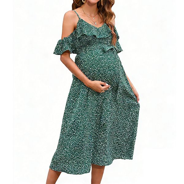 

Женское платье миди с V-образным вырезом, холодным плечом и рюшами для душа Clearflower, Green Floral