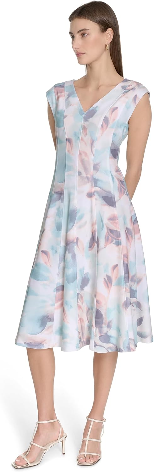 Платье миди Calvin Klein Women's Scuba Crepe с короткими рукавами и V-образным вырезом, Seaspy Mult — фото 3