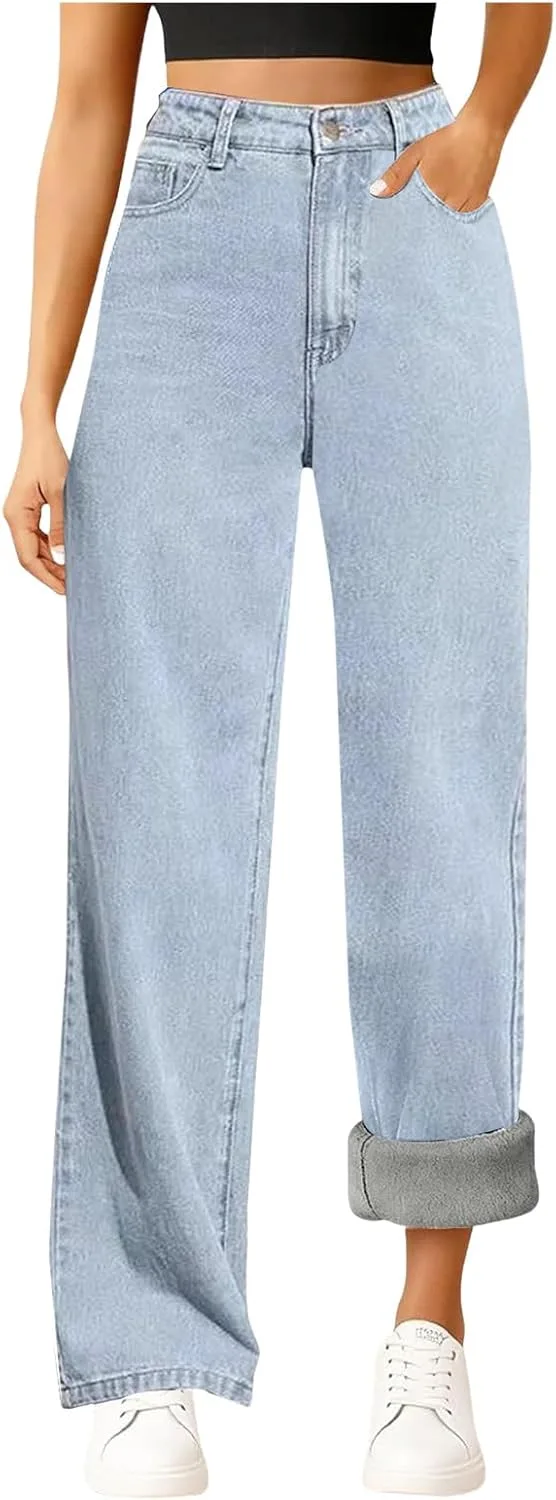 

Женские джинсы с флисовой подкладкой High Waisted Straight Wide Leg с карманами