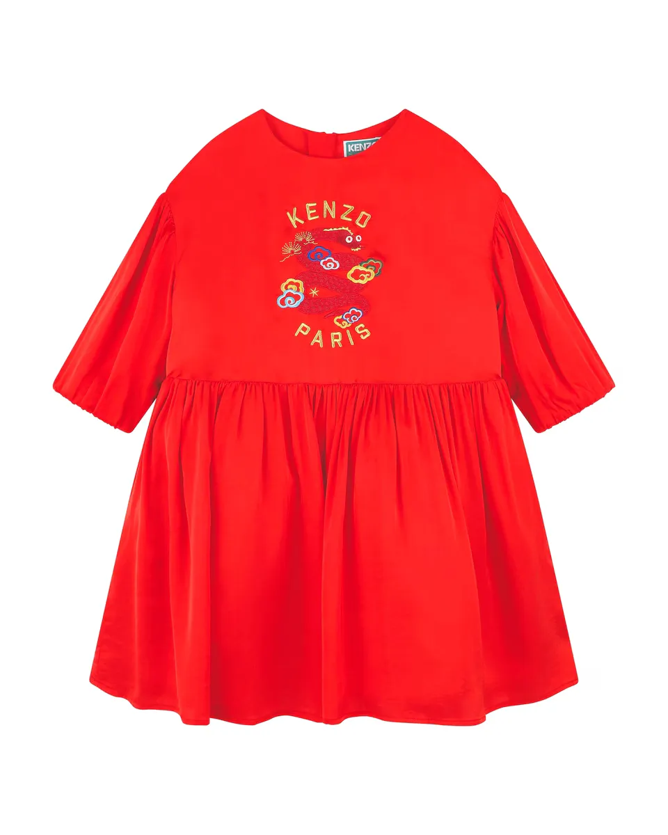 

Красное платье для девочки с короткими рукавами Kenzo Kids, красный